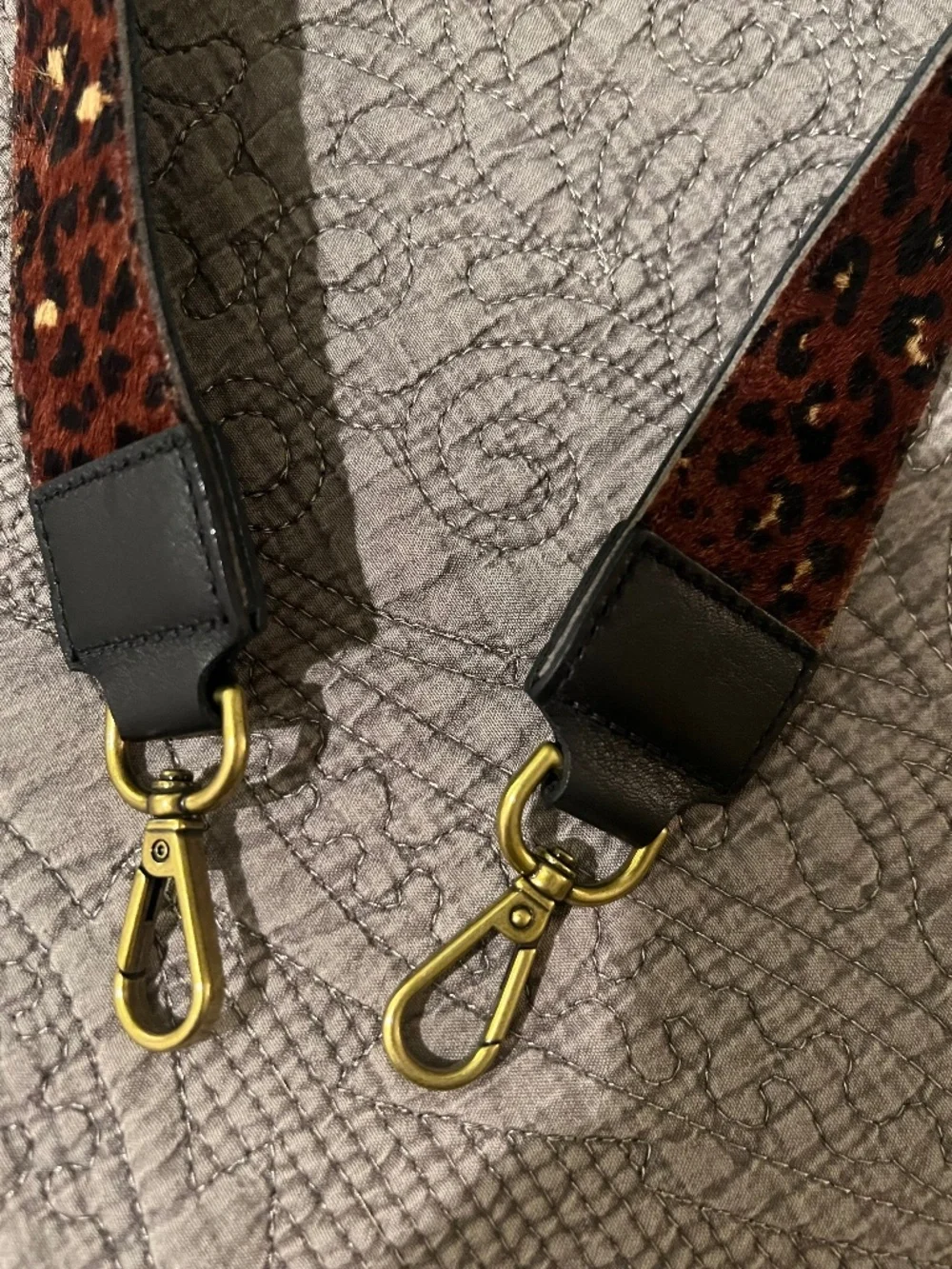 Calf Hair Bag Strap With Leopard Print and Gold Clasps 26” Long
